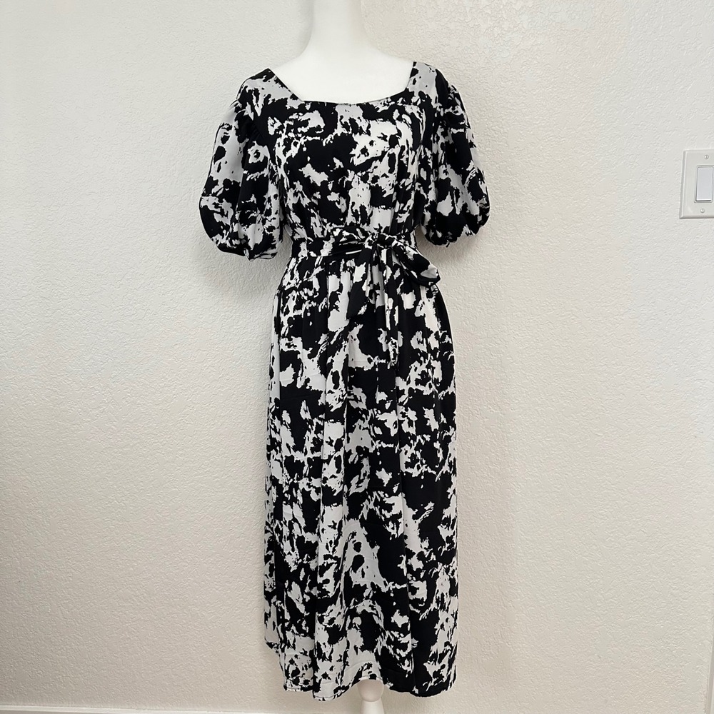 Midi Dress Womens Large Black White Abstract Puff Sleeve Tie Waist